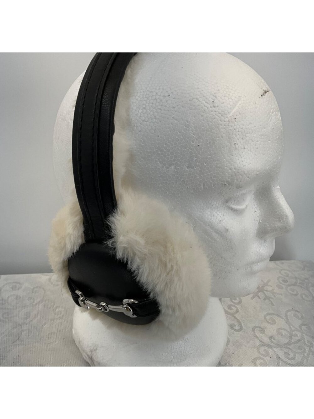Vince Camuto Black & Cream Faux Fur Earmuffs With Silver Bit Detail